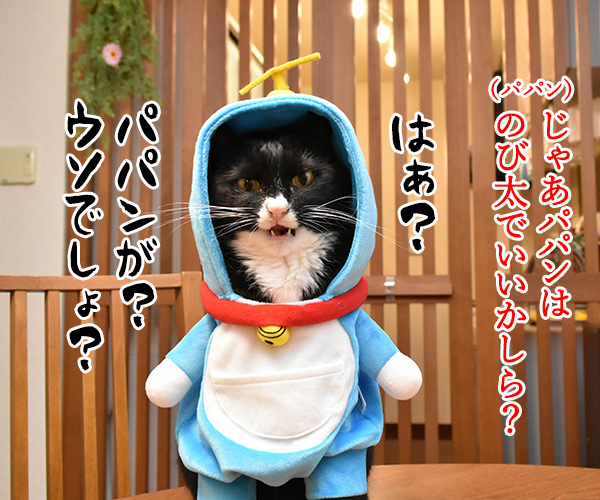 だいずさんがドラえもんなら　猫の写真で４コマ漫画　３コマ目ッ