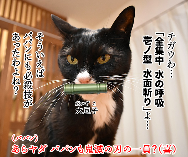 鬼滅の刃　主人公の必殺技は何だったかしら？　猫の写真で４コマ漫画　３コマ目ッ