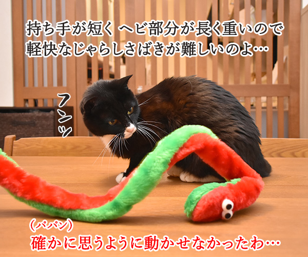 100円ショップの猫グッズを紹介するわよッ 第二回「ふわふわヘビじゃらし」　ねこの写真で４コマ漫画　３コマ目ッ